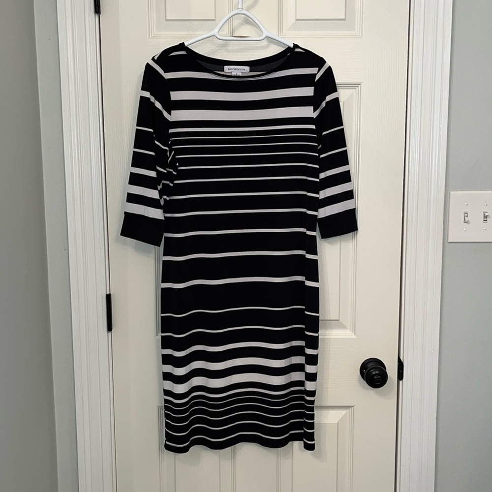 Liz Claiborne Women's Black White Striped Midi Dress Sz Medium Office Casual